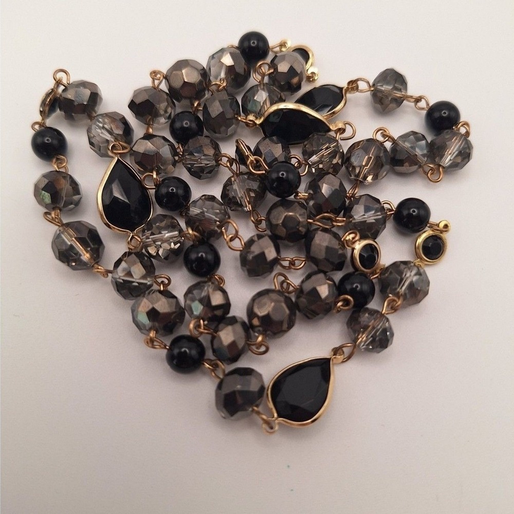 Vintage beaded necklace long endless black grey beads gold tone
